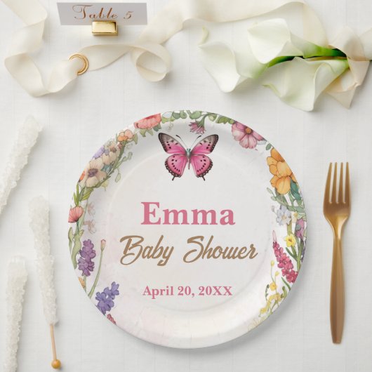 ピンクバタフライベビーシャワーフローラガーデン ペーパープレート (ウェディング)