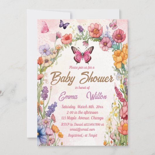 ピンクバタフライベビーシャワーフローラガーデン 招待状 (正面)