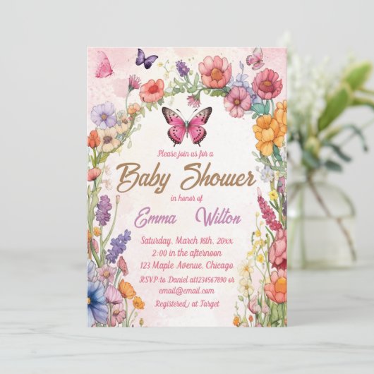 ピンクバタフライベビーシャワーフローラガーデン 招待状 (スタンド正面)
