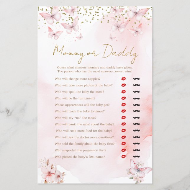 ピンクバタフライベビーシャワーママまたはパパのゲーム (正面)