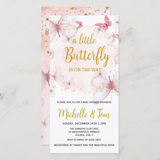 ピンクバタフライベビーシャワー招待状 シーズンカード (正面/裏面)