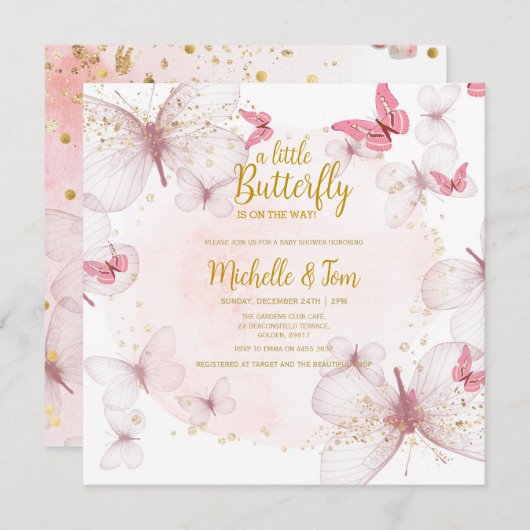 ピンクバタフライベビーシャワー招待状 招待状 (正面/裏面)