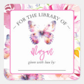 ピンクバタフライベビーシャワー蔵書票 スクエアシール (正面)