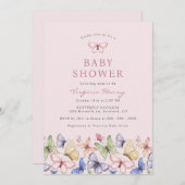 ピンクバタフライベビーシャワー 招待状 (正面/裏面)