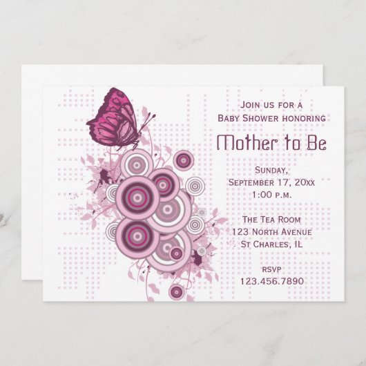 ピンクバタフライベビーシャワー 招待状 (正面/裏面)