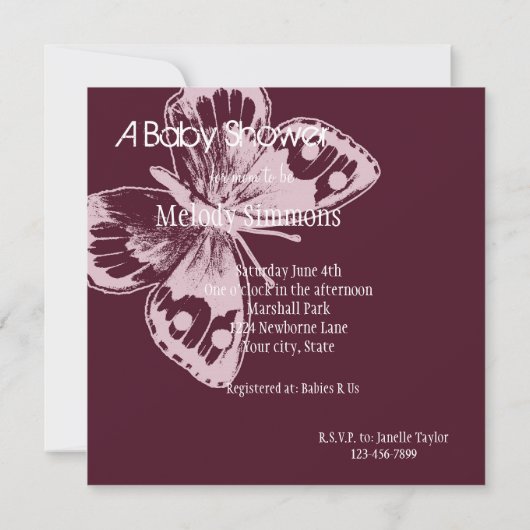 ピンクバタフライベビーシャワー 招待状 (裏面)