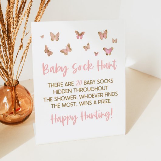 ピンクバタフライベビー靴下狩りベビーシャワーゲーム 台座サイン