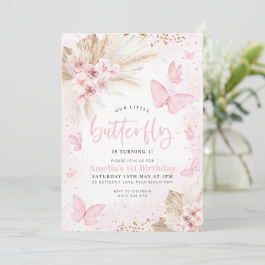 ピンクバタフライボウホフラワーズ1st誕生日フローラ 招待状 (スタンド正面)