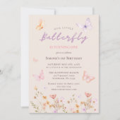 ピンクバタフライワイルドフラワーガールファースト誕生日 招待状 (正面)
