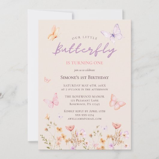 ピンクバタフライワイルドフラワーガールファースト誕生日 招待状 (正面)