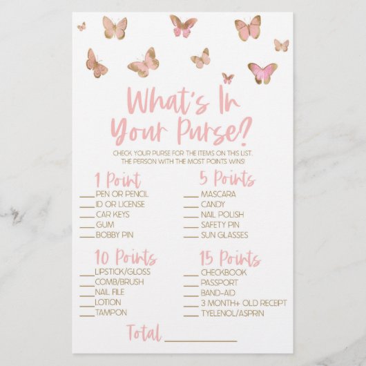 ピンクバタフライ何が財布のブライダルシャワーゲーム 便箋 (正面)
