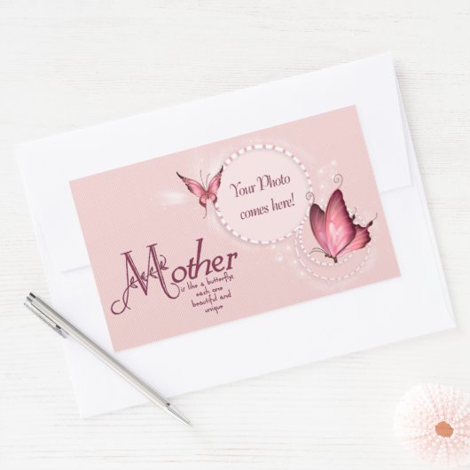 ピンクバタフライ写真テンプレート長方形シール 長方形シール (封筒)