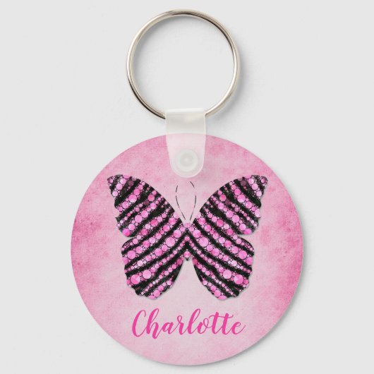 ピンクバタフライ名モノグラム キーホルダー (正面)