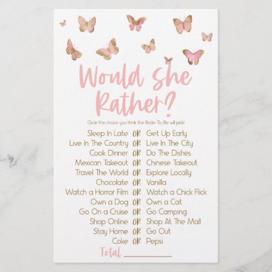ピンクバタフライ彼女はむしろブライダルシャワーゲーム 便箋 (正面)