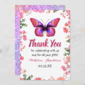 ピンクバタフライ水色フローラフレーム誕生日 サンキューカード (正面/裏面)