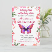 ピンクバタフライ水色フローラフレーム誕生日 招待状 (スタンド正面)