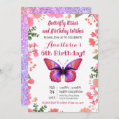 ピンクバタフライ水色フローラフレーム誕生日 招待状 (正面/裏面)