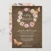 ピンクバタフライ素朴フローラウッドリースベビーガール 招待状 (正面/裏面)