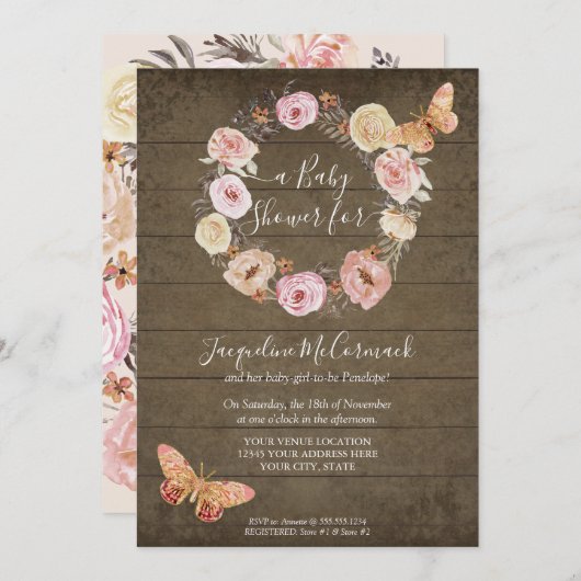 ピンクバタフライ素朴フローラウッドリースベビーガール 招待状 (正面/裏面)