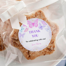 ピンクバタフライ誕生日ステッカーラベル ラウンドシール