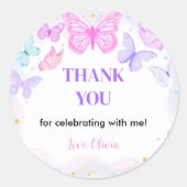 ピンクバタフライ誕生日ステッカーラベル ラウンドシール (正面)