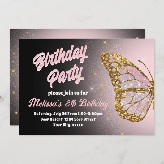 ピンクバタフライ誕生日招待状 招待状 (正面/裏面)