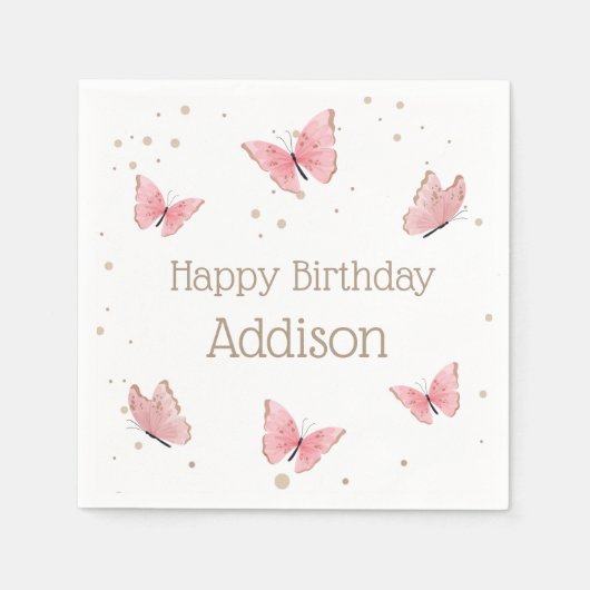 ピンクバタフライ誕生日 スタンダードカクテルナプキン (正面)
