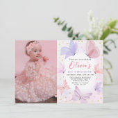 ピンクバタフライ1stバースデーフォト招待状 招待状 (スタンド正面)