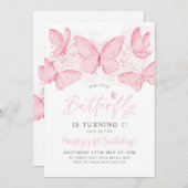 ピンクバタフライ1st誕生日招待状ベビーガール 招待状 (正面/裏面)