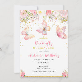 ピンクバタフライ1st誕生日招待状 招待状