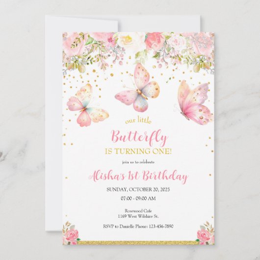 ピンクバタフライ1st誕生日招待状 招待状 (正面)