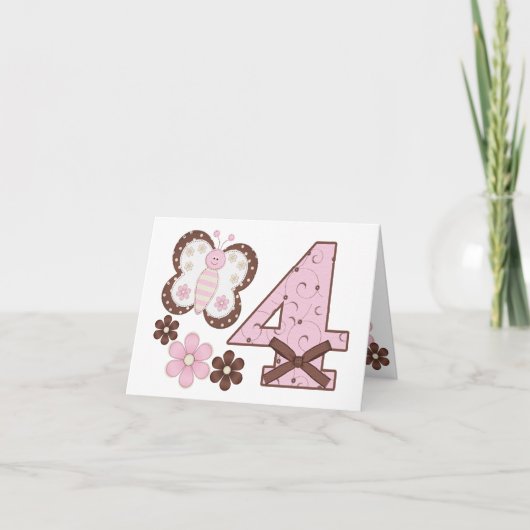 ピンクバタフライ4歳の誕生日埋め込み招待状 招待状 (正面)