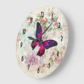 ピンクバタフライ&シャビーヴィンテージバラ ラージ壁時計 (傾斜)