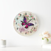 ピンクバタフライ&シャビーヴィンテージバラ ラージ壁時計 (ホーム)