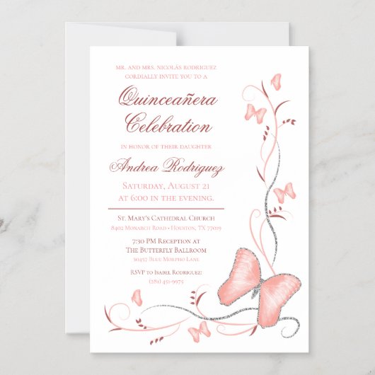 ピンクバタフライ&スワーズキンセアニラ マグネット招待状 (正面)