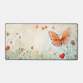 ピンクバタフライ&赤いハート デスクマット