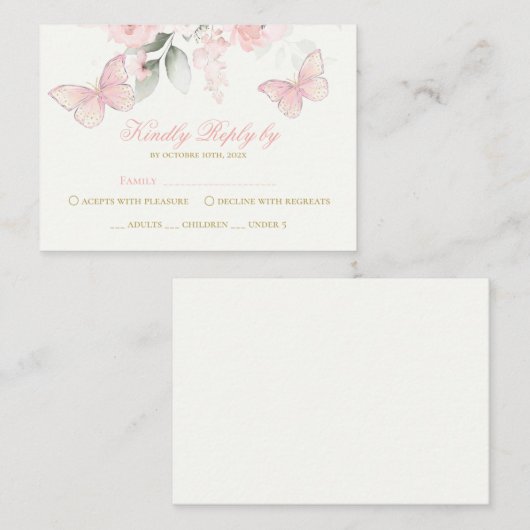 ピンクバタフライRSVPキンセアニェラ エンクロージャーカード (正面/裏面)
