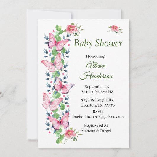 ピンクバターフィズとアイビーベビーシャワー招待状 招待状 (正面)