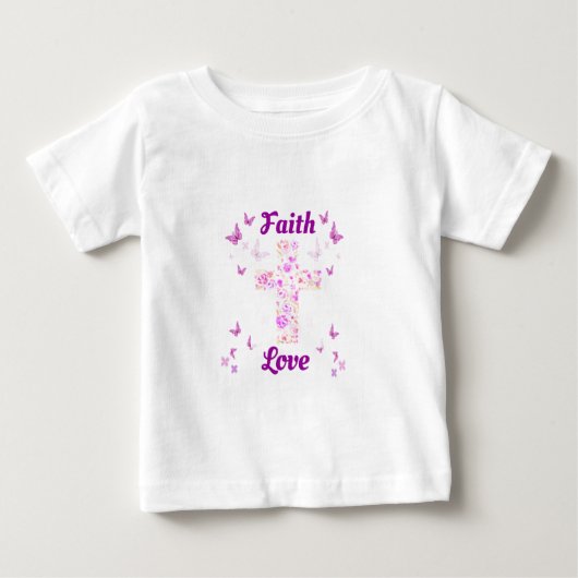 ピンクバターフリーバラの信仰と愛の十字架 ベビーTシャツ (正面)