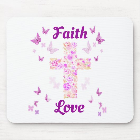 ピンクバターフリーバラの信仰と愛の十字架 マウスパッド (正面)