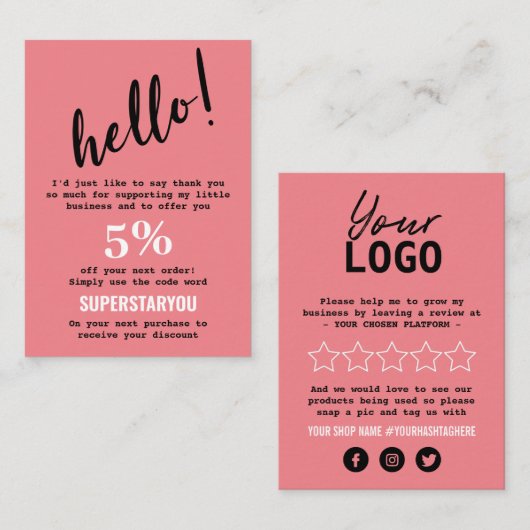 ピンクバックホワイトありがとうロゴソーシャルメディアの挿入 名刺 (正面/裏面)