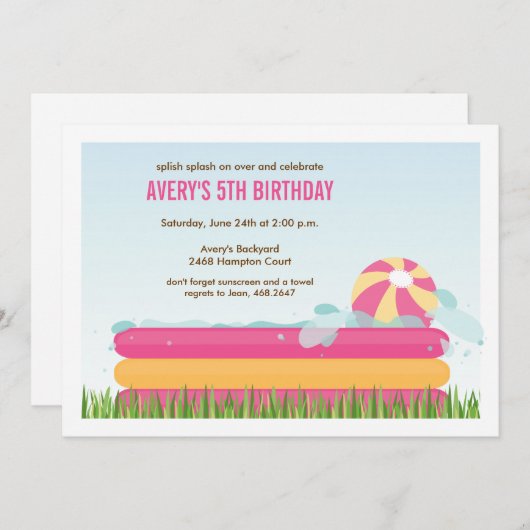 ピンクバックヤードプールパーティー誕生日 招待状 (正面/裏面)