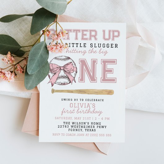 ピンクバッターアップベースボールガール1st誕生日パーティー 招待状