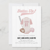 ピンクバッターアップベースボールファースト誕生日招待状 招待状 (正面)