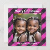 ピンクバッファローチェックカスタムフォトクリスマス シーズンカード (正面)