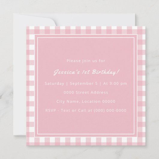 ピンクバッファロープレイドモノグラム誕生日パーティー 招待状 (正面)
