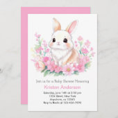 ピンクバニーのウッドランドお洒落ガールベビーシャワー 招待状 (正面/裏面)