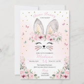 ピンクバニーイヤーフラワークラウンイースター誕生日 招待状 (正面)