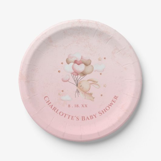 ピンクバニーウサギハートバルーン赤ちゃんシャワー ペーパープレート (正面)