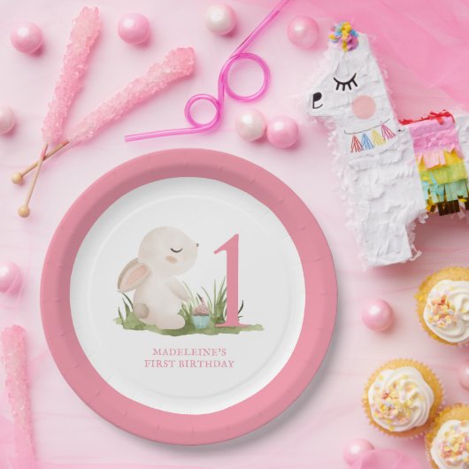 ピンクバニーガールの誕生日 ペーパープレート (パーティー)